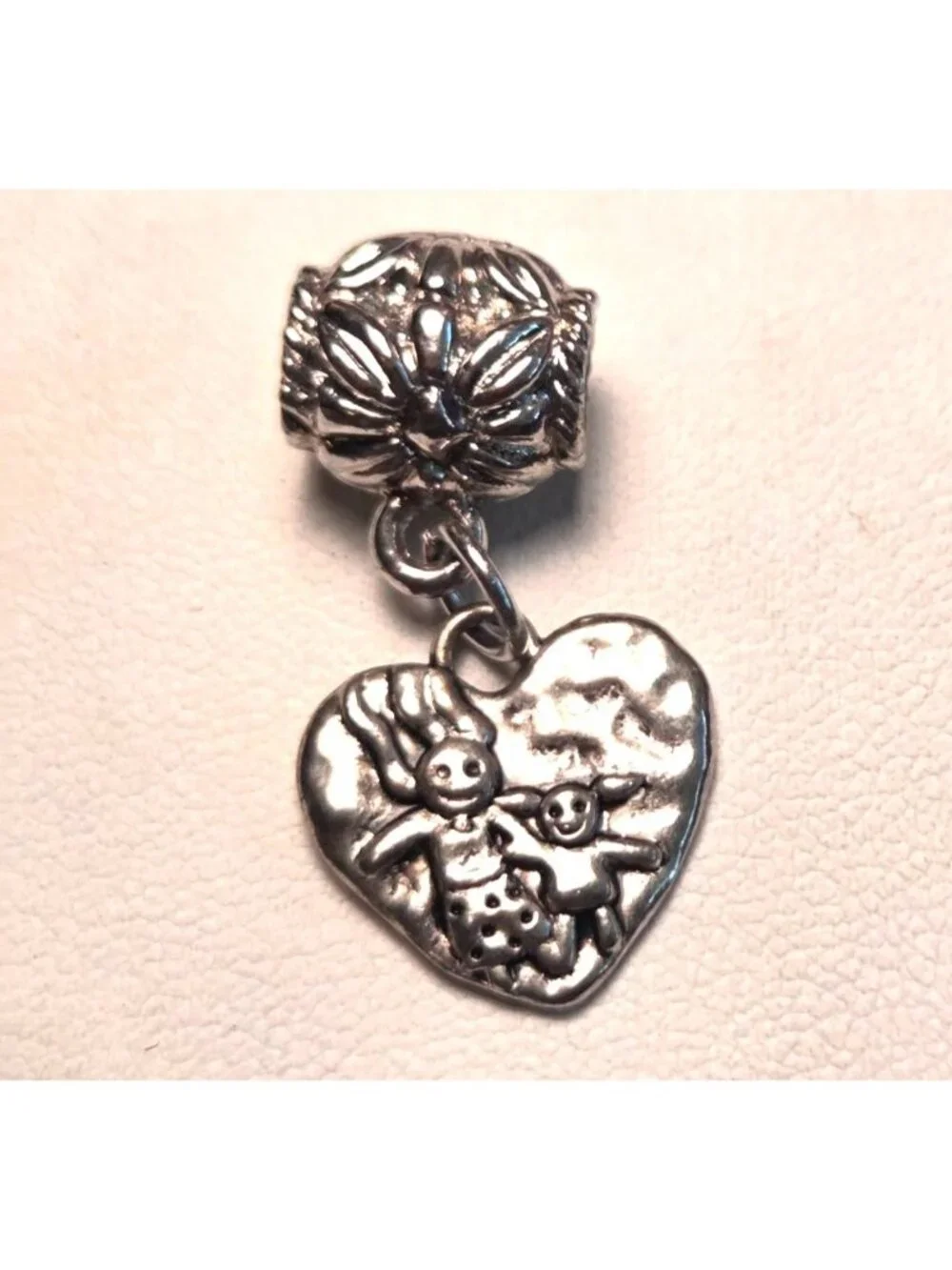 Silver Tone Heart Charm With Childrens Design For Bracelets Or Necklaces